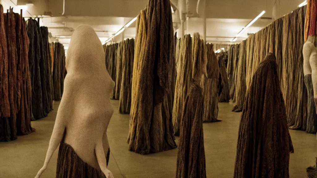 Prompt: a strange creature made of decadent cloths lurks inside a fabric store, film still from the movie directed by Denis Villeneuve with art direction by Zdzisław Beksiński, wide lens