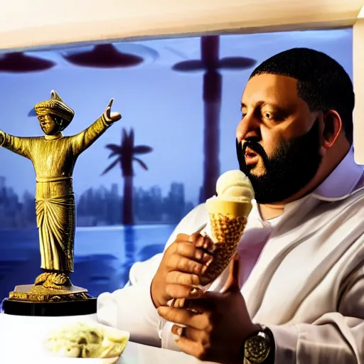 Image similar to a highly detailed realistic photographic render saint dj khaled with ice cream in hands, religious sculpture, cinematic lighting, cinematic scene, Volumetric lighting, Atmospheric scene, Dark, Horror, Atmospheric lighting, Global illumination, realistic, photo realism, hyper realistic, hyper realism, photo realisitc, cinematic render, film, beautifully lit, ray traced, octane 3D render, octane render, unreal engine