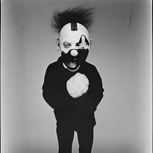 Prompt: portrait of a clown by diane arbus, black and white photography