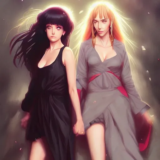 Image similar to jennifer connelly and uma thurman as a beautiful anime girls by wlop and greg rutkowski