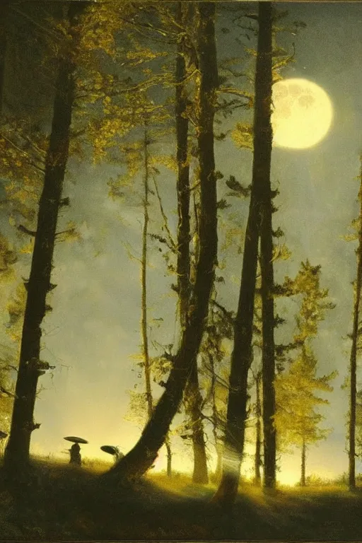 Image similar to a flying saucer emitting ethereal light, having above a forest, full moon, scattered clouds, masterpiece, dramatic light and shadow, saturated colors, ciaroscuro. painted by anders zorn