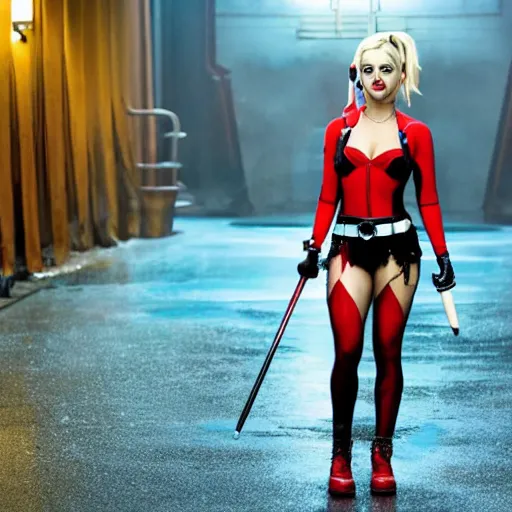 Image similar to A still of Kaley Cuoco as Harley Quinn