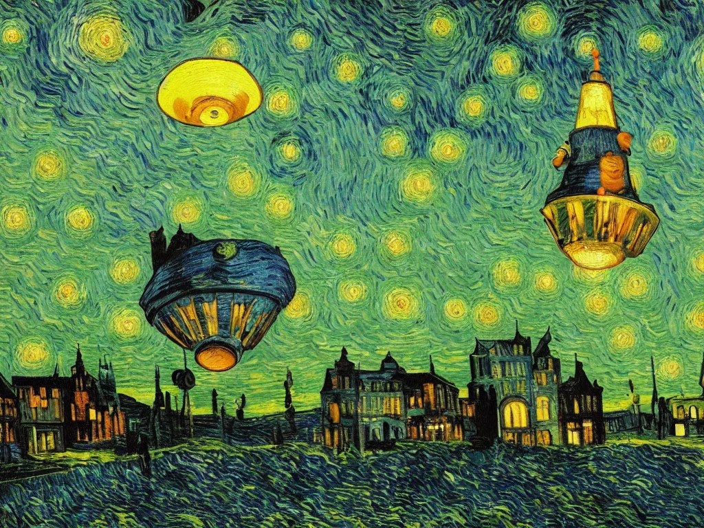 Image similar to bright beautiful oil painting of flying saucer abducting van gogh from arles france with a glowing green light, light scatter, van gogh