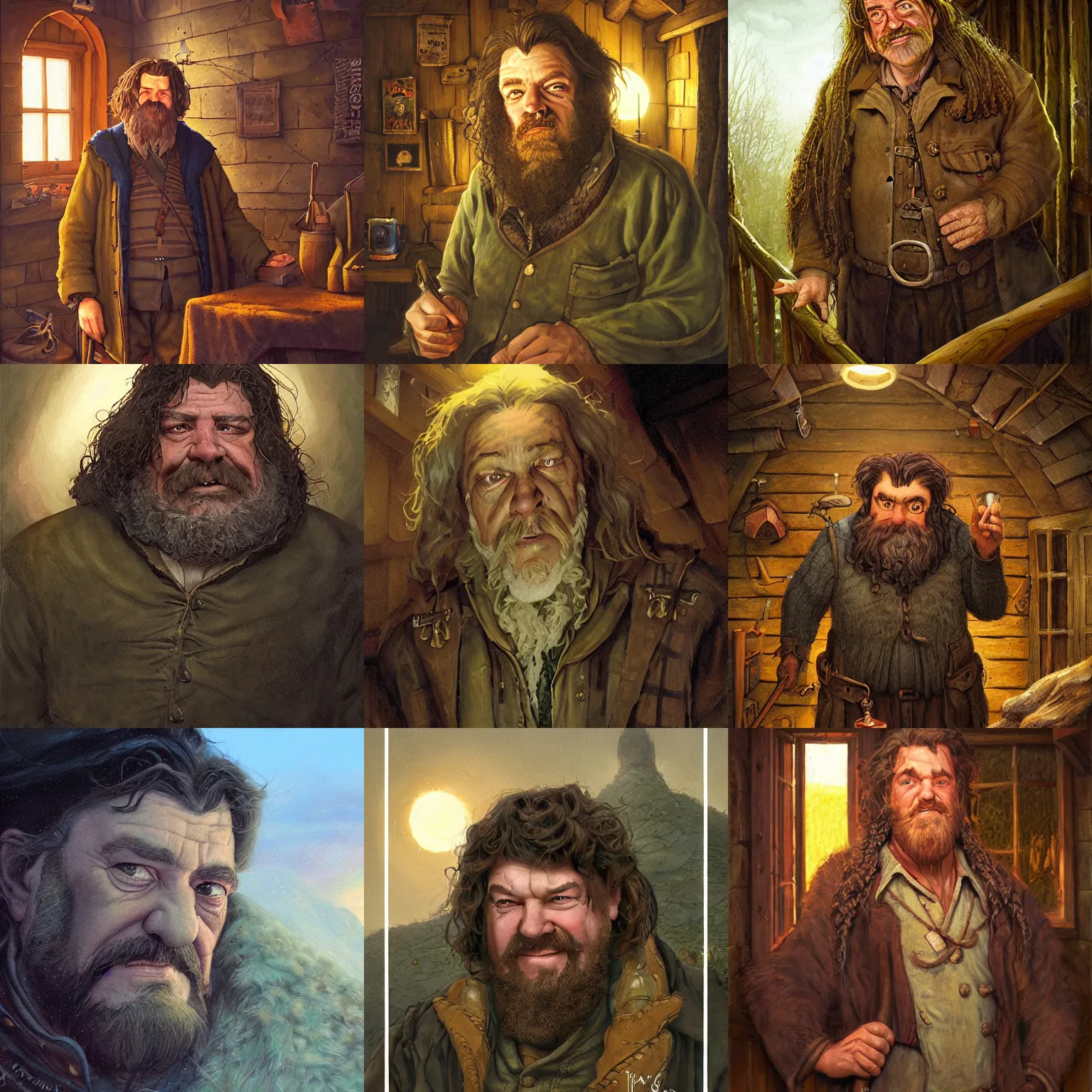 Prompt: Portrait of Samuel Vimes in Hagrid Hut at twilight, detailed, hyperrealistic, colorful, cinematic lighting, digital art by Paul Kidby, and Jim Kay