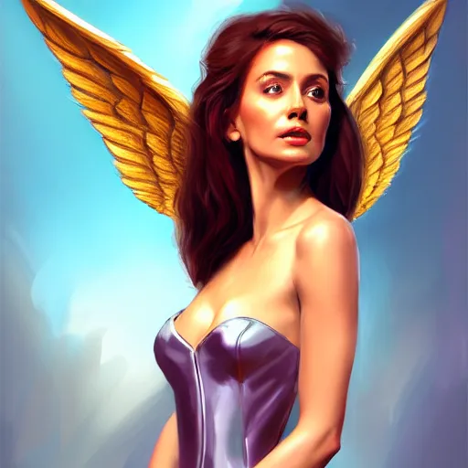 Image similar to 3 / 4 view of a portrait of a pretty woman with wings with wings, confident pose, digital painting, artstation, concept art, smooth, sharp focus, illustration, trending on artstation, highly detailed, concept art, mike esposito comics mickey demeo, trending on artstation, imax 7 0 mm, h 6 4 0