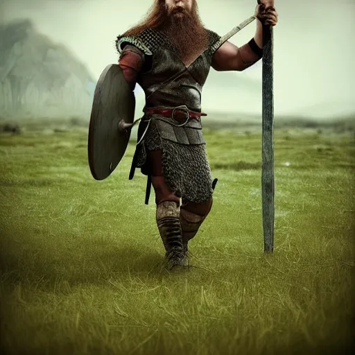 Prompt: Viking warrior standing on a field with his axe in his hand, detailed digital art, realistic, trending on artstation