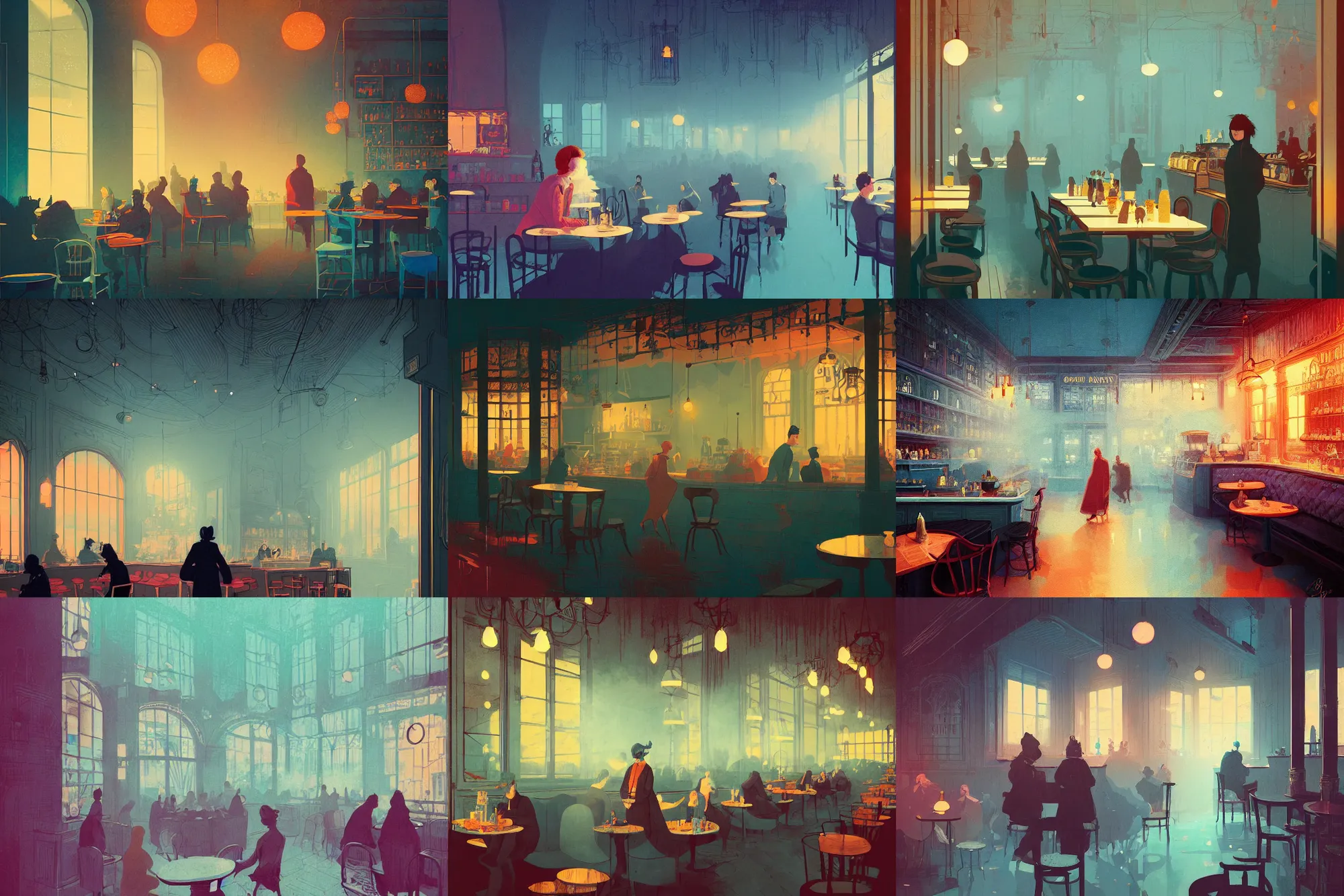 Prompt: illustrated portrait of a victorian cafe interior, colorful, ( ( mads berg ) ), christopher balaskas, victo ngai, rich grainy texture, detailed, dynamic composition, tiny fog, wide angle, blue filter, ( ( stippled gradients ) )