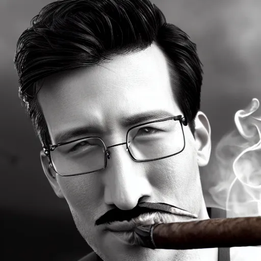 Image similar to a closeup photo of handsome gigachad markiplier smoking a cigar, 8k photorealism, extremly detailed, trending on artstation