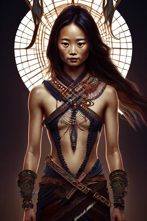 Image similar to symmetry!! portrait of jamie chung in the style of god of war, machine parts embedded into face, intricate, elegant, highly detailed, digital painting, artstation, concept art, smooth, sharp focus, illustration, art by artgerm and greg rutkowski and alphonse mucha, 8 k