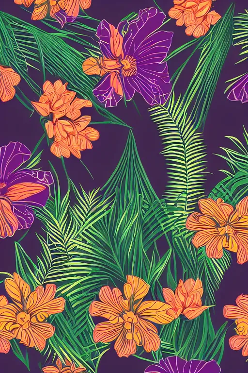 Image similar to moody Intricate detailed vector illustration of tropical flowers and green reeds, multiple cohesive colors ranging from warms purples to bright oranges on a ((very dark background)), 4K resolution