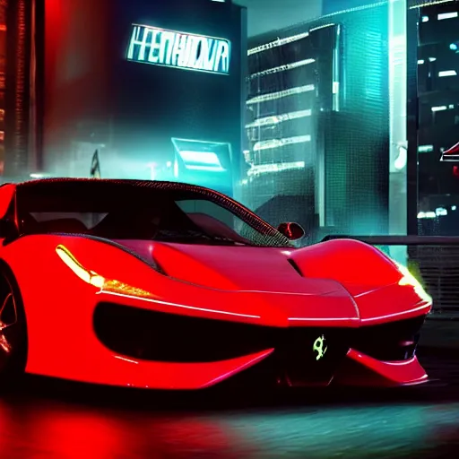 Image similar to cyberpunk ferrari, gta artstyle, wide shot, dramatic lighting, octane render, hyperrealistic, high quality, highly detailed, artstation, HD, beautiful, cinematic, 8k, unreal engine, facial accuracy, symmetrical