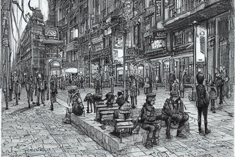 Image similar to a drawing of some people waiting in a lone bus stop in qiet dark city by Joe Fenton