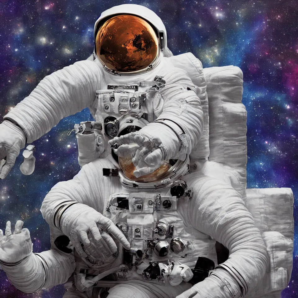 Image similar to one astronaut with headphone playing keyboard in the space, digital painting, digital art, illustrated by alex ross