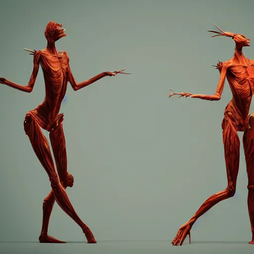 Image similar to Two elegant humanoid creatures leaning against each other, fused at the shoulders, dancing on their pointy limbs. Award-winning digital art, trending on ArtStation