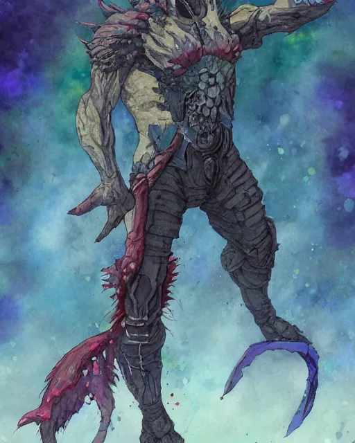 Prompt: a oil / watercolor painting full body character portrait of the monster fighter who is a half - human / half magical being. in the style of moebius in the style of leonard boyarsky trending on artstation deviantart pinterest detailed realistic hd 8 k high resolution