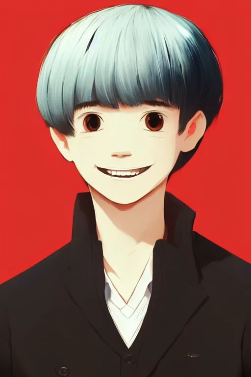 Image similar to a headshot of a very happy yoongi gummy smile - short black hair wearing male school uniform, sharp focus, illustration, morandi color scheme, art station, high detailed, by ilya kuvshinov, gorillaz art