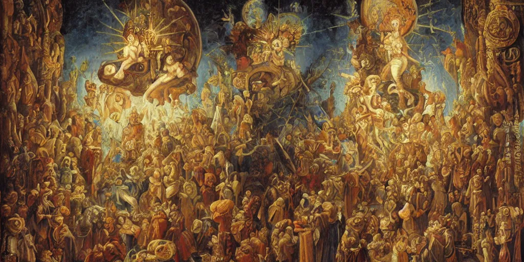 Image similar to Medieval religious oil painting of the cat god reborn under the holy light high up in a Gaudí style church surrounded by his subjects and armies, in style of Jean-Honore Fragonard, surrealist