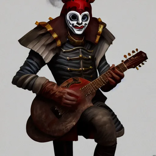 Image similar to a digital painting of a man wearing a mask playing a guitar, young handsome pale roma, grim dark jester from gwent cards, a character portrait by senior character artist, polycount, vanitas, sketchfab, speedpainting, zbrush