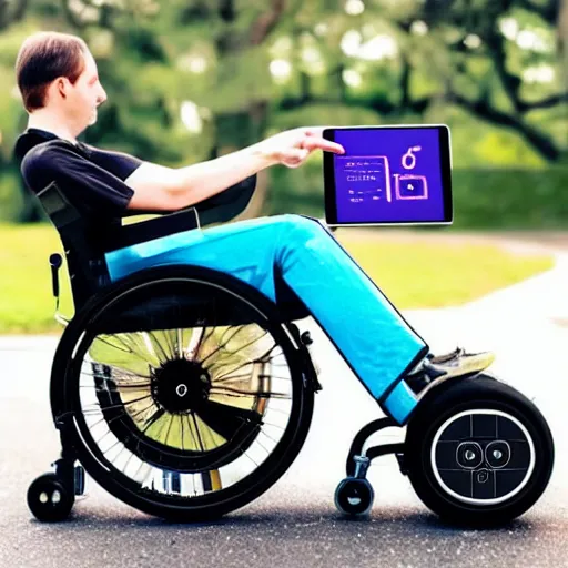 Image similar to a cyberpunk electric wheelchair with a tablet holder