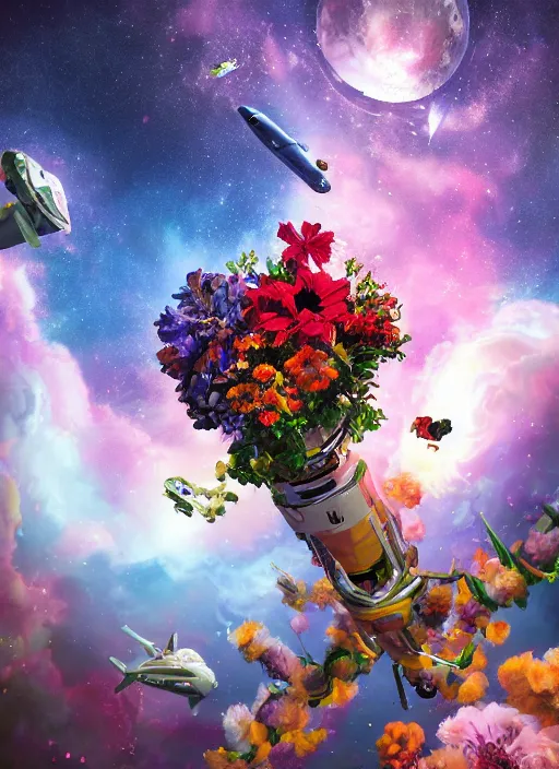 Image similar to An epic fantastic realism comic book style painting of the most beautiful flowers launched into space, bouquets, glorious galactic collision, sharp focus, fisheye, unreal 5, DAZ, hyperrealistic, octane render, dynamic lighting