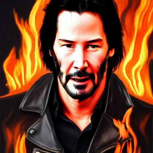 Prompt: handsome Keanu Reeves wearing a leather jacket on fire next to a flaming harley davidson, western, D&D, fantasy, intricate, elegant, highly detailed, digital painting, artstation, concept art, matte, sharp focus, illustration, art by Artgerm and Greg Rutkowski and Alphonse Mucha