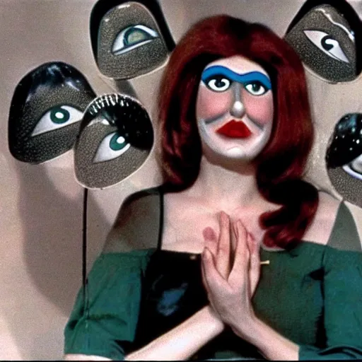 Image similar to 1970 woman on tv show with a long prosthetic nose, prosthetic eyeballs, wearing a dress on the hillside 1970 color archival footage color film 16mm holding a hand puppet Fellini Almodovar John Waters Russ Meyer Doris Wishman