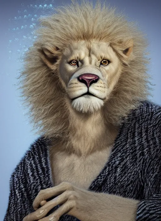 Prompt: an anthropomorphic beautiful male furry anthro albino lion portrait blowing bubbles wearing stripes robe, curly hair, fine art, award winning, intricate, elegant, sharp focus, octane render, hyperrealistic, cinematic lighting, highly detailed, digital painting, 8 k concept art, art by jamie hewlett and z. w. gu, masterpiece, trending on artstation, 8 k