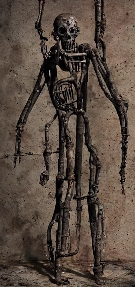 Image similar to a disfigured humanoid figure made out of rusty pipes and machinery, horror, body horror, creepy, dark, disturbing, unsettling, hyperrealistic, dramatic,