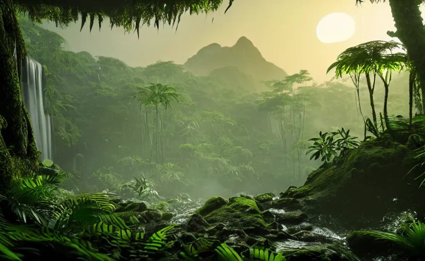 Image similar to a beautiful render of a dark prehistoric rainforest, lush flora, patches of sky, sunset, mountains and a waterfall in the background, intricate detail, hazy, humid, volumetric lighting, 8 k, photorealistic, raytracing effects, unreal engine 5