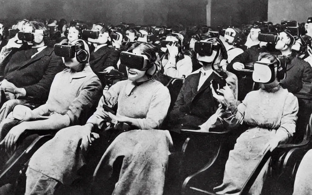 Image similar to 1 9 0 0 s photo of people using iphones ipods virtual reality headsets vr watching hd tv in a movie theater