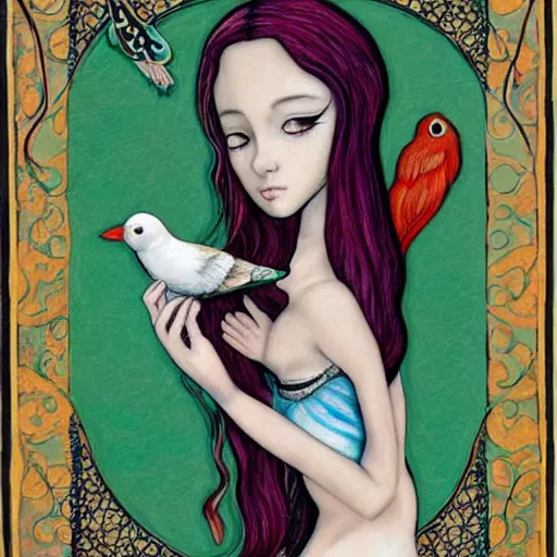 Prompt: soft by jasmine becket - griffith, by nacho carbonell illuminated manuscript, illuminated manuscript. body art. a woman is shown from behind, her body slightly blurred as if in motion. her long hair cascades down her back, & she is holding a small bird in her hand.