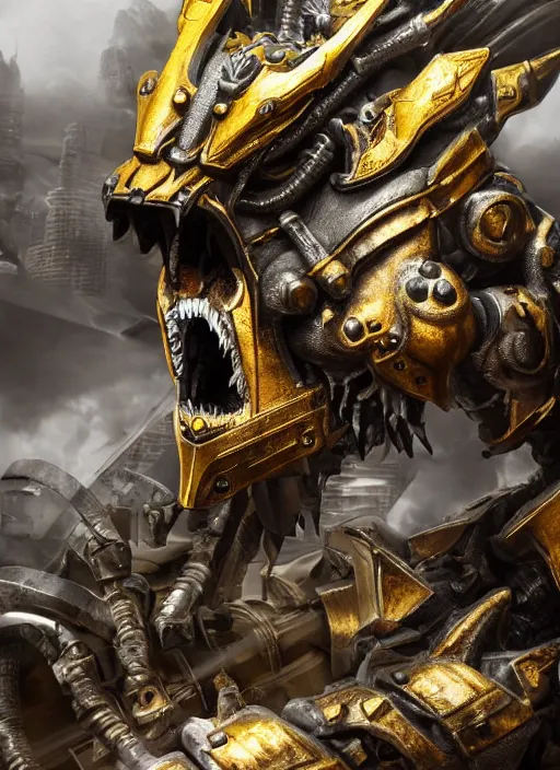 Prompt: hyper realistic glorious ancient wargreymon in a obsidian metal armor, futuristic design, designed by makoto kobayashi and luca zampriolo, portrait, cyberpunk style, wood and gold details, intricate, extremely detailed, ornate, deep of field, hard surface, exoskeleton, substance designer metal unreal engine, symmetrically, very detailed.