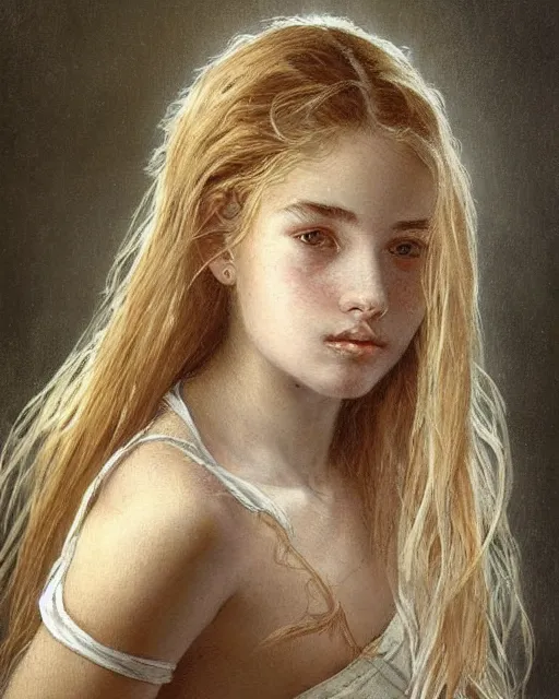 Image similar to portrait of 1 6 - year - old woman with dirty blonde hair down to her waist, pale eyebrows and protuberant silver eyes, wearing white shirt, hyper realistic face, beautiful eyes, fantasy art, in the style of greg rutkowski, intricate, alphonse mucha, hyper detailed, smooth