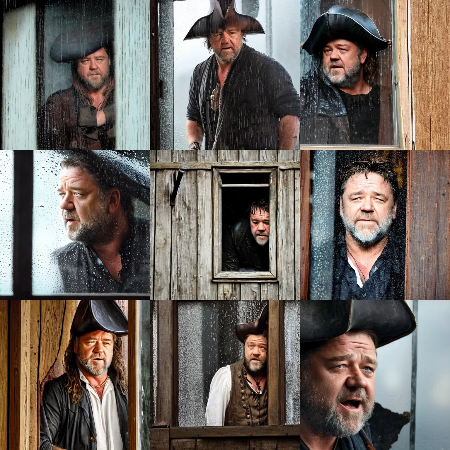 Prompt: from outside, russell crowe wearing a giant pirate hat behind a rainy dirty window and wooden wall peering out to the camera