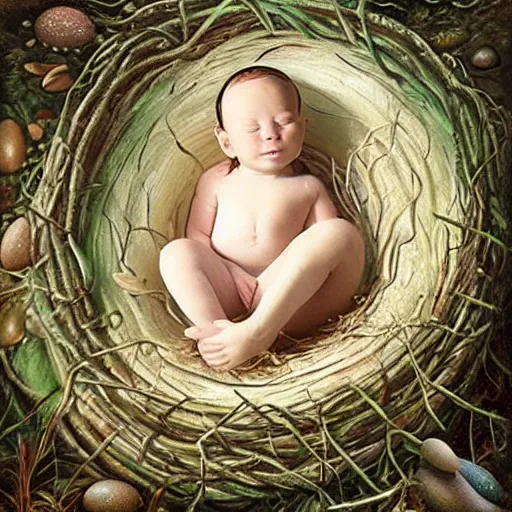 Prompt: baby mermaid next to a ooen egg in a nest, realistic, high detailed, fantasy art, anne geddes