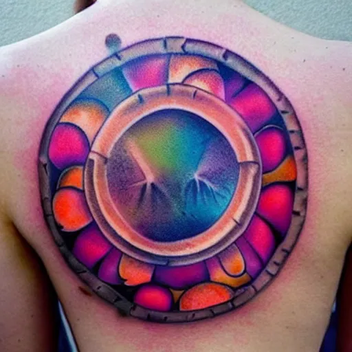 Prompt: shoulder tattoo of a circle made of colorful mushrooms, insanely integrate