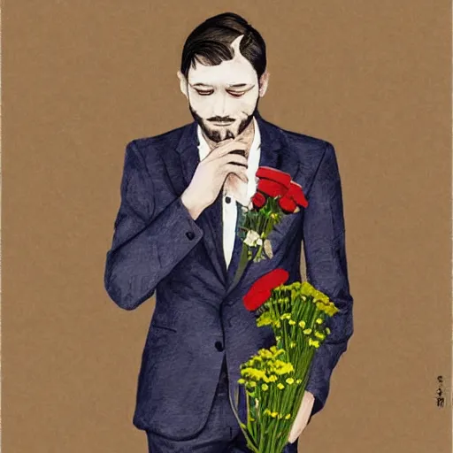 Image similar to guy holding flowers, looking nostalgic, in love, in a dapper suit, artwork by Cheng, Hsiao-Ron