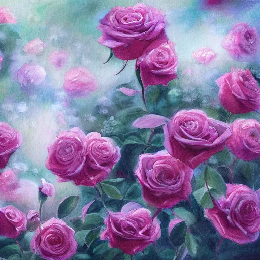 Gold Pink Noisette Roses on Dusk Blue GLDFLWR Painting by Holy