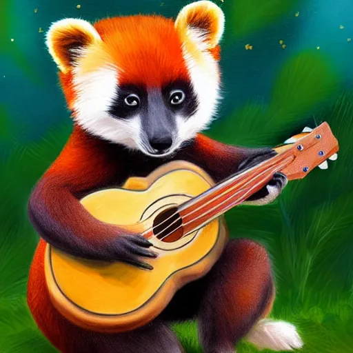 Image similar to cute fluffy Ailurus fulgens playing a ukulele, fully detailed, high quality , 4k , digital art, digital painting, soft light , masterpiece