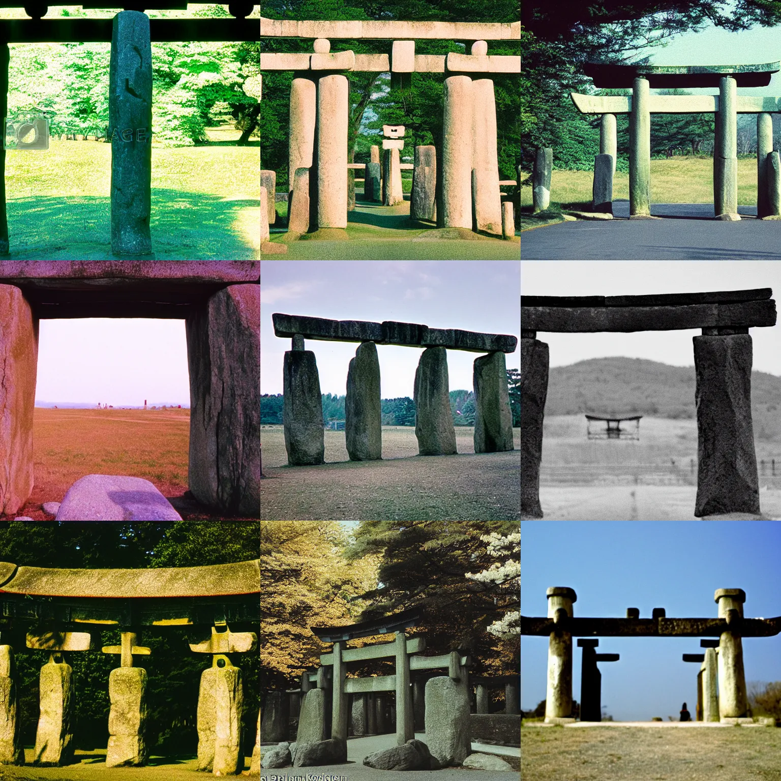 Prompt: a shinto torii gate that looks like a stone arch from stonehenge, kodak gold 100, 200mm lens, film grain, perspective correction