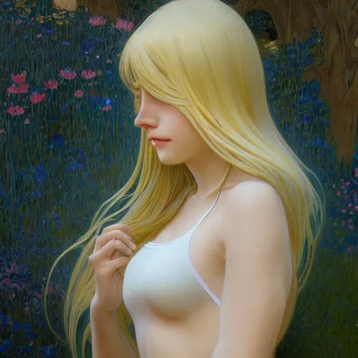 Image similar to A young woman with blonde long hair and bangs in shorts and white shirt drawn by Donato Giancola and Makoto Shinkai, frank frazetta, Alphonse Mucha, background by James Jean and Gustav Klimt, 4k, porcelain skin, volumetric lighting, french nouveau, trending on artstation, octane render, hyperrealistic