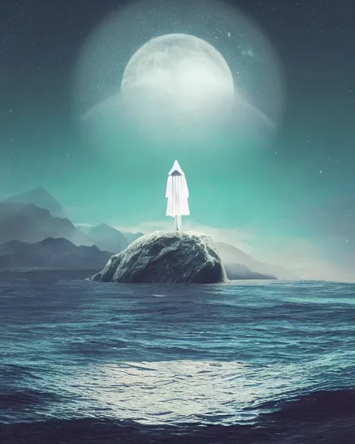 Image similar to a person wearing a white cloak standing in the water. a large planet is overhead. an album cover by stanley twardowicz, trending on cg society, retrofuturism, retrowave, chillwave, synthwave