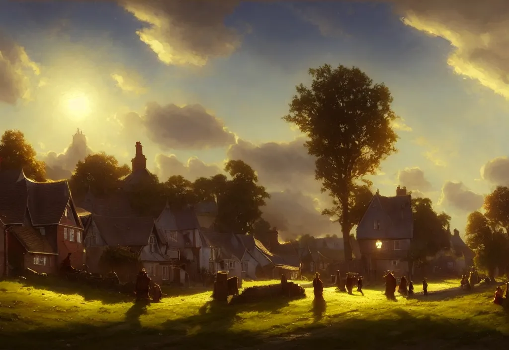 Image similar to a victorian village scene, houses and a field in the background, clear blue sky, cinematic view, epic sky, detailed, concept art, low angle, high detail, warm lighting, volumetric, godrays, vivid, trending on artstation, by jordan grimmer, art greg rutkowski