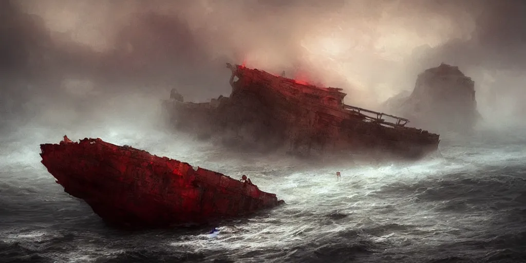 Prompt: “ a roman in a red tunic crawls from the ocean onto a rocky beach in fog ” “ a wrecked roman ship in ocean. ” dark fantasy, cinematic, very detailed, mist, volumetric lighting, golden ratio, vivid, trending on artstation, 4 k matte painting,