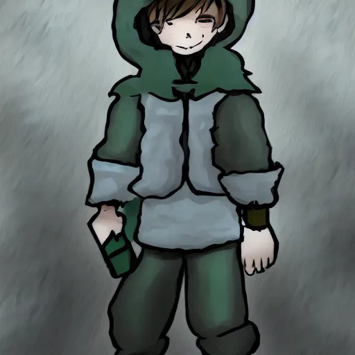 Prompt: boy wearing sheep suit. white, gray, blue, green and brown pallet color. made in abyss art style, inspired in chris from deltarrune