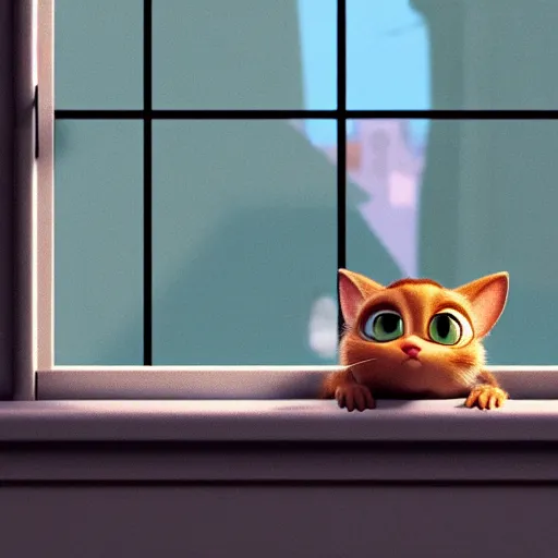 Image similar to a cute cat with big eyes looking at a cup of coffee in beautiful morning at a house window. Pixar Disney 4K 3d render funny animation movie Oscar winning trending on ArtStation and Behance. Ratatouille style.