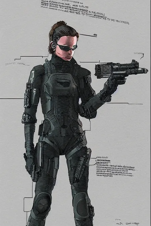 Prompt: selina. blackops mercenary in near future tactical gear, stealth suit, and cyberpunk headset. Blade Runner 2049. concept art by James Gurney and Mœbius.