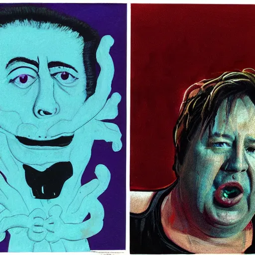 Image similar to bill hicks in the style of francis bacon with eight arms in the style of a hindu deity