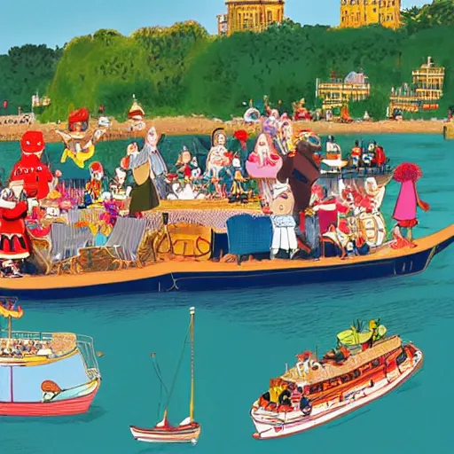 Prompt: rich people and poor people have a boat party, high resolution artistic photograph, bokeh, 4 k, majestic, by vogue magazine, by richard scarry and quentin blake
