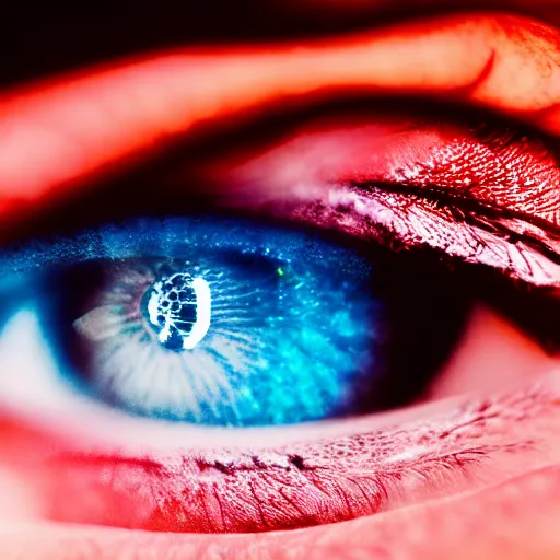 Image similar to a closeup portrait of the eye of the goddess of introspection, extreme chromatic aberration, anamorphic bokeh, long exposure photography, film, distortion, highly detailed, hyperrealism, cinematic